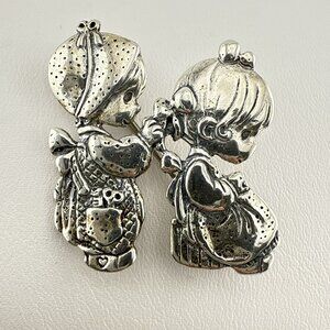 Vintage Precious Moments Sterling Silver Brooch Pin Sisters Combing Hair 925